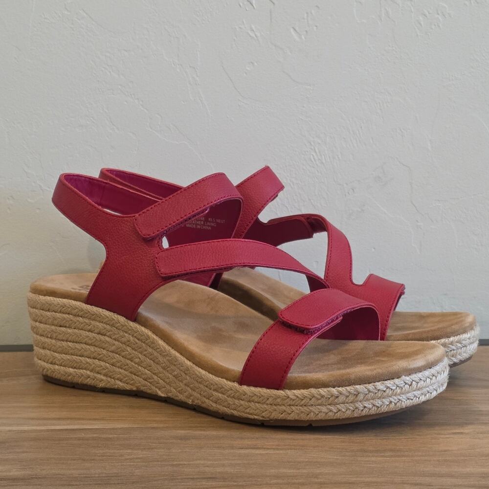 ABEO Riviera Sandals Womens 9.5 Red Leather Espadrille Wedge Adjustable NWOB
